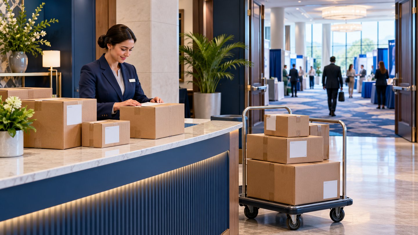 Illustration of conference packages at a hotel receiving desk with an event corridor beyond.