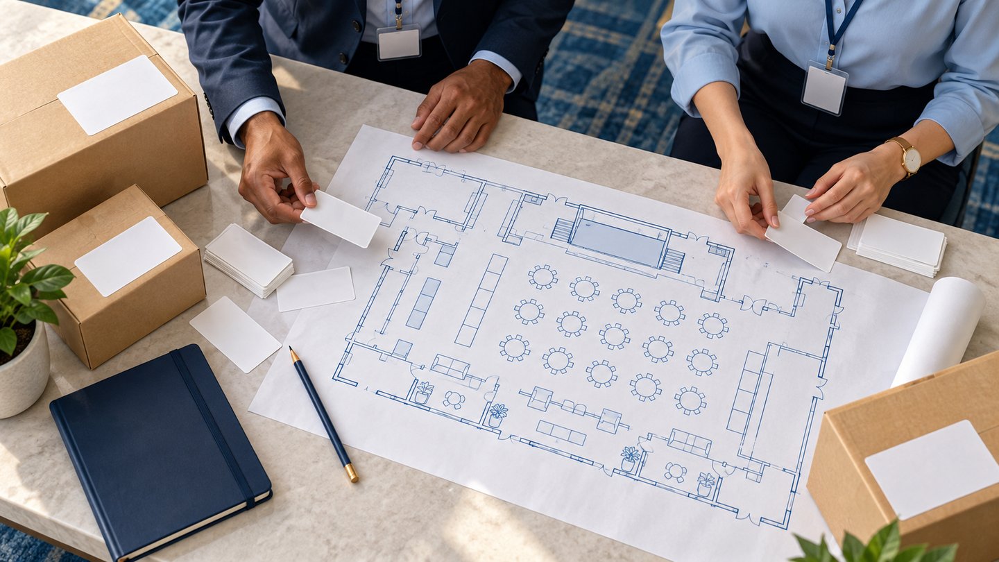 Illustration of an event shipment planning desk with blank labels and a meeting-room plan.