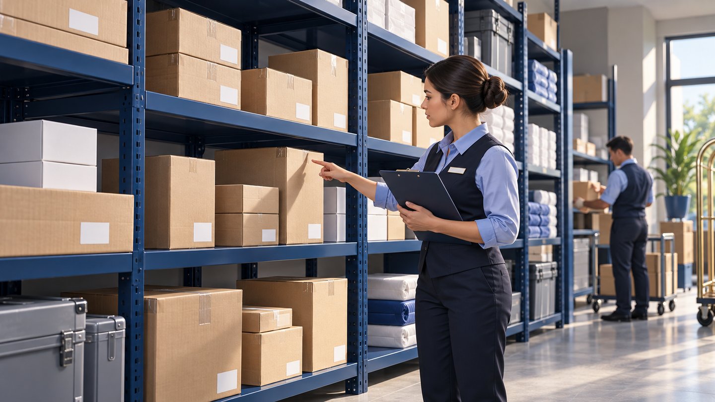 Illustration of hotel staff counting separate cartons in an organized receiving area.