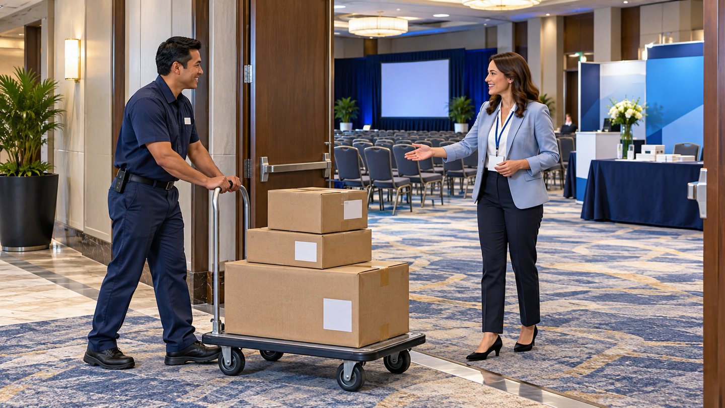 Illustration of a package cart arriving at a meeting room for an attended handoff.