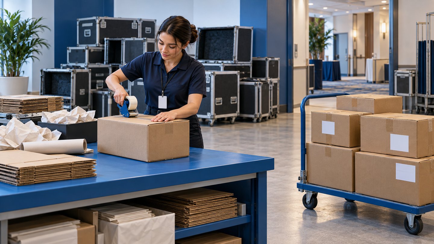 Illustration of a post-event packing station with outbound cartons separated from other property.