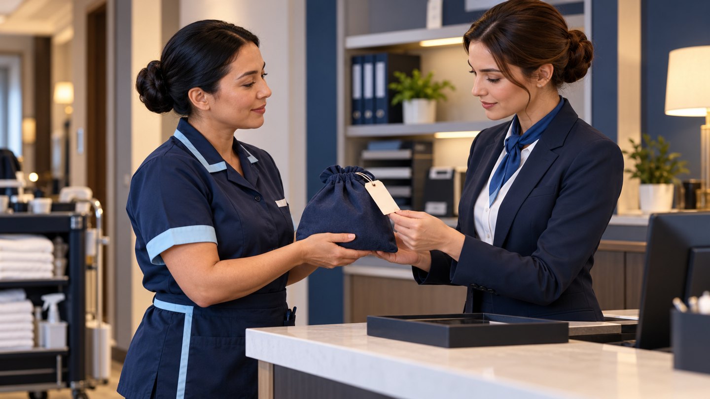 Illustration of two hotel colleagues acknowledging a tagged found-item transfer at a back-office counter.