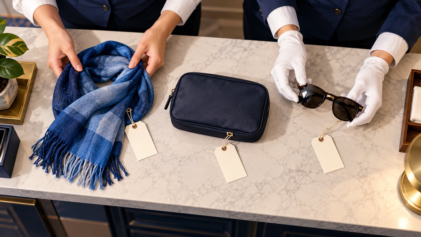 Illustration of separate ordinary found belongings and blank reference tags arranged on a hotel work counter.