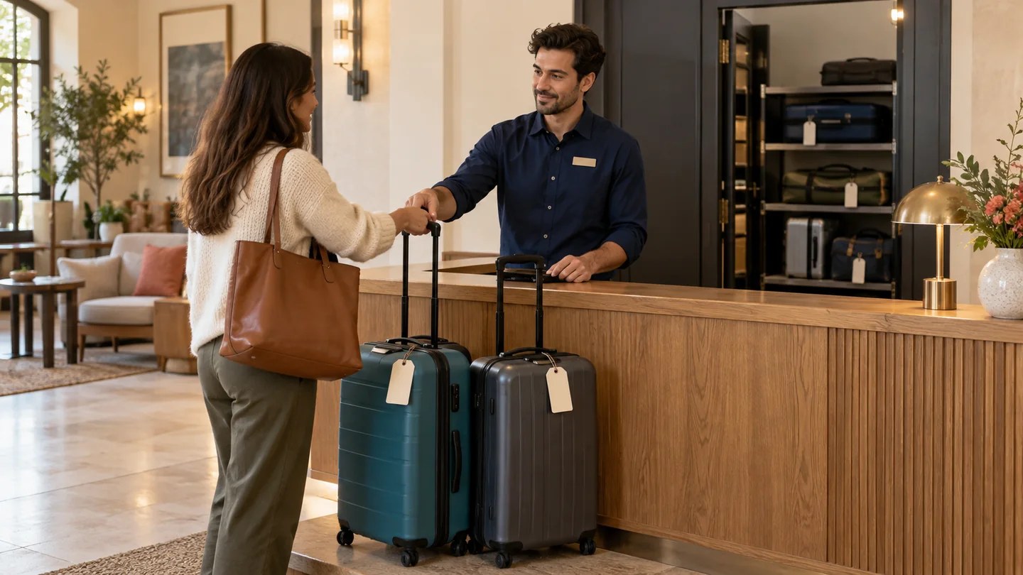 Editorial illustration of hotel staff accepting suitcases at a luggage counter beside controlled storage.
