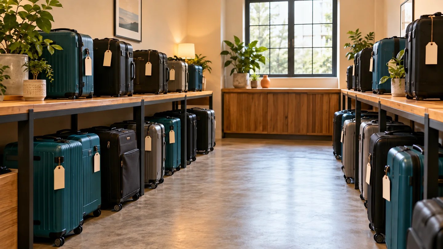 Editorial illustration of a tidy hotel luggage room with stable low storage and a clear central aisle.