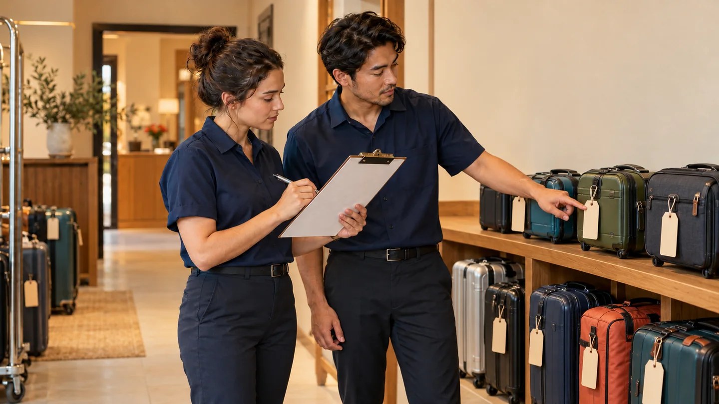 Editorial illustration of two hotel staff comparing a luggage count sheet with tagged stored suitcases.