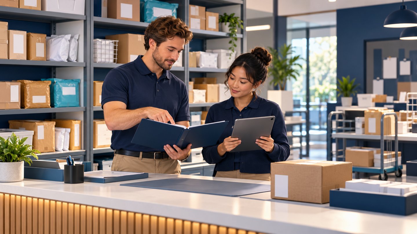 Conceptual illustration of two mailroom colleagues reviewing a binder and tablet beside stored parcels.