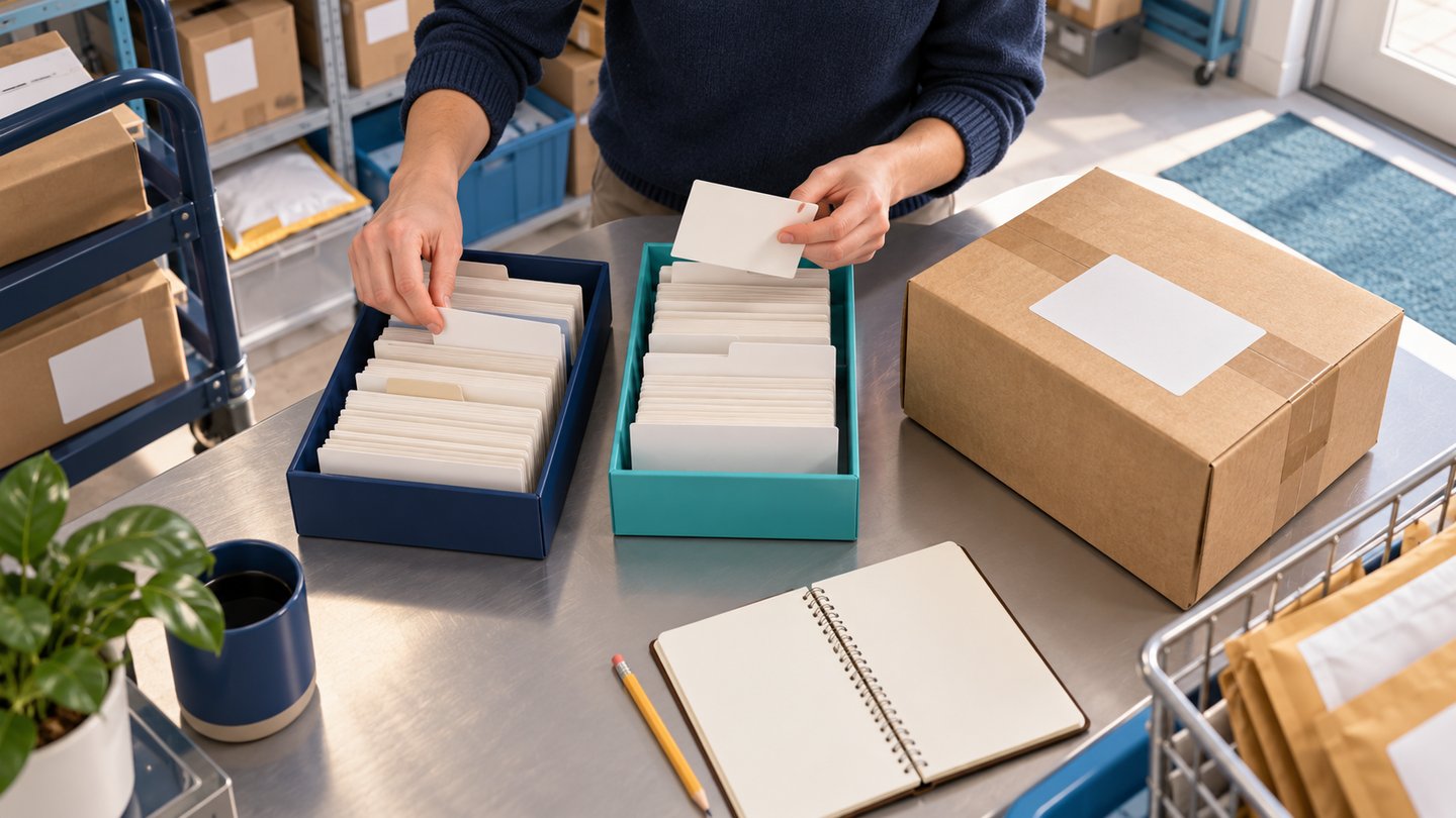 Conceptual illustration of hands matching blank record cards in separate trays beside a parcel.