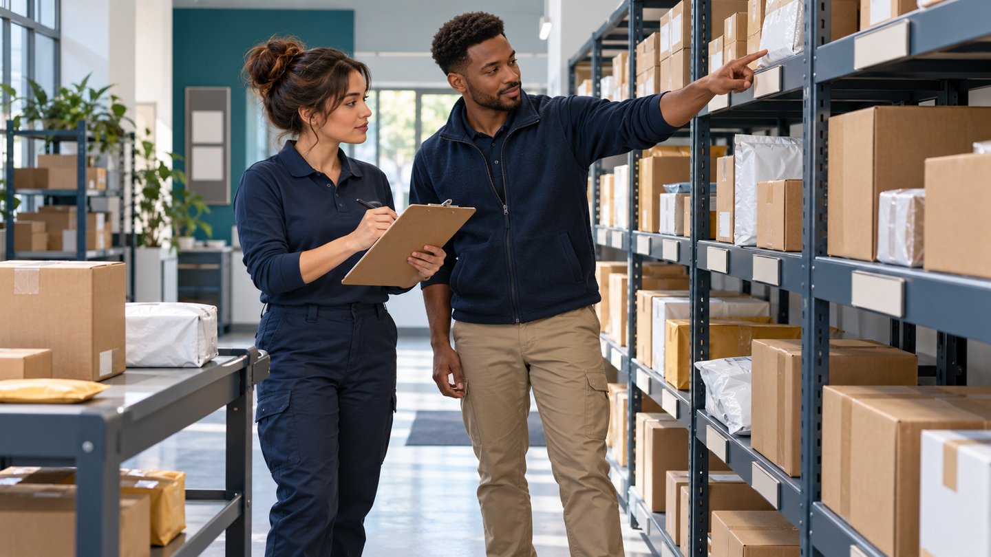 Conceptual illustration of two colleagues checking a parcel shelf against a clipboard.