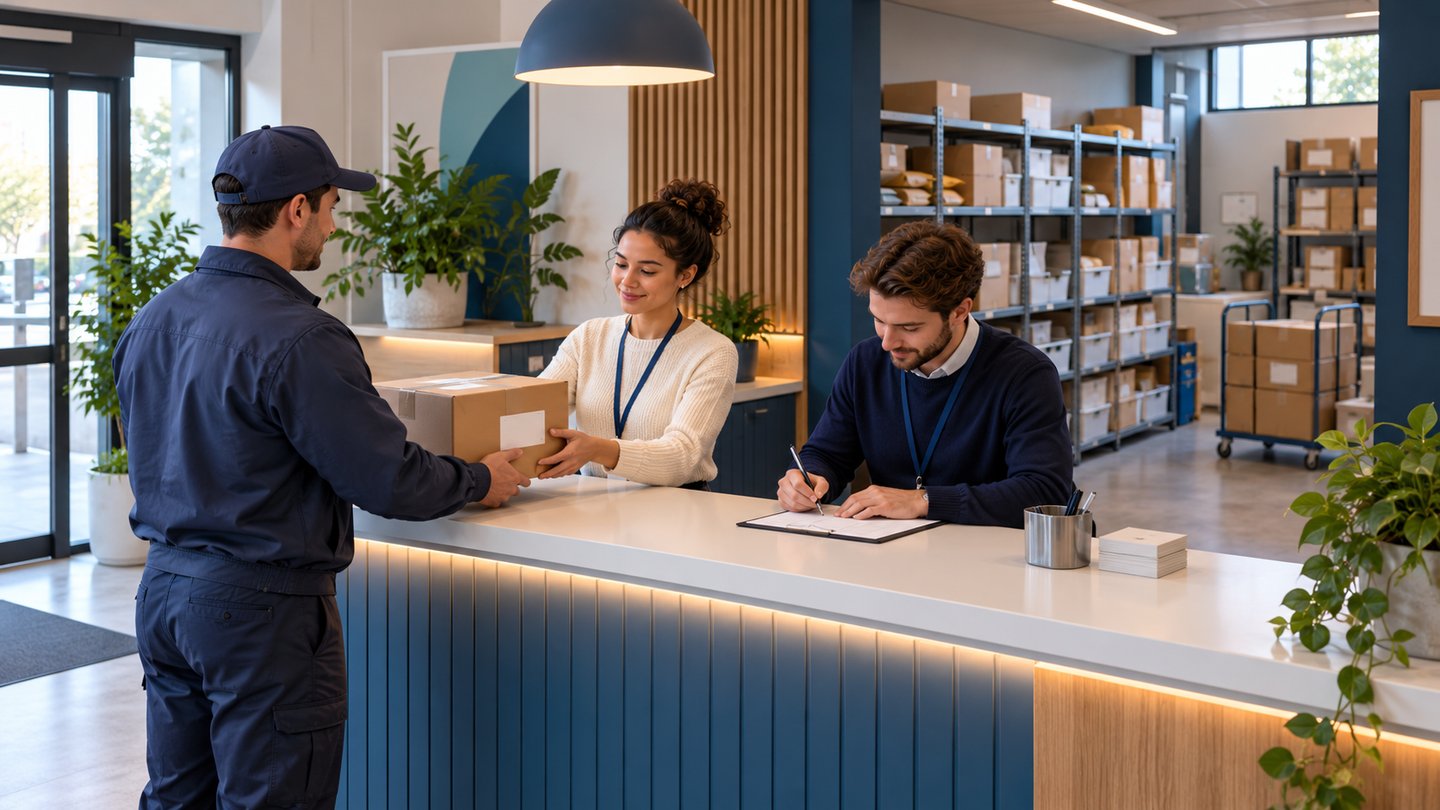 Conceptual illustration of a parcel arrival being recorded while a colleague receives it.