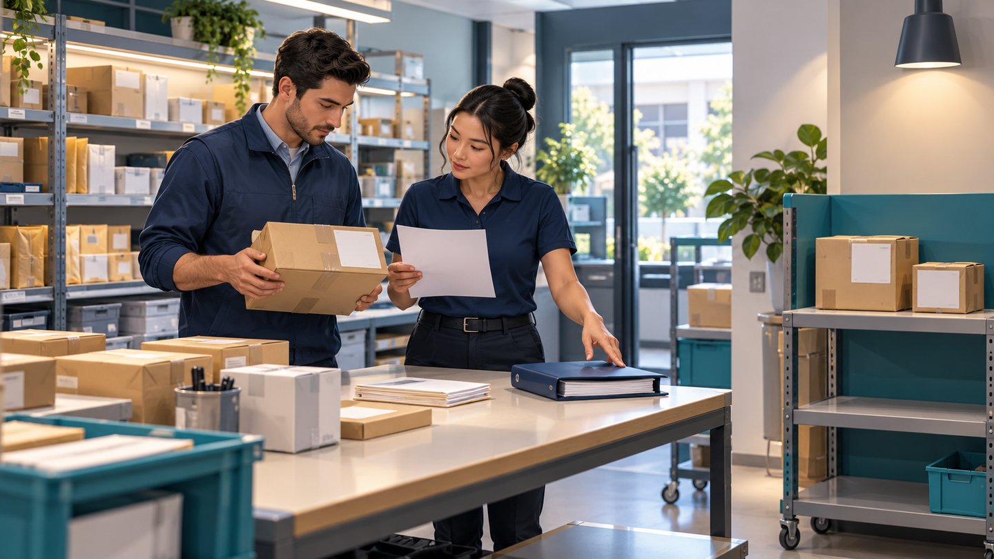 Conceptual illustration of colleagues comparing a parcel with a record beside a separate review shelf.