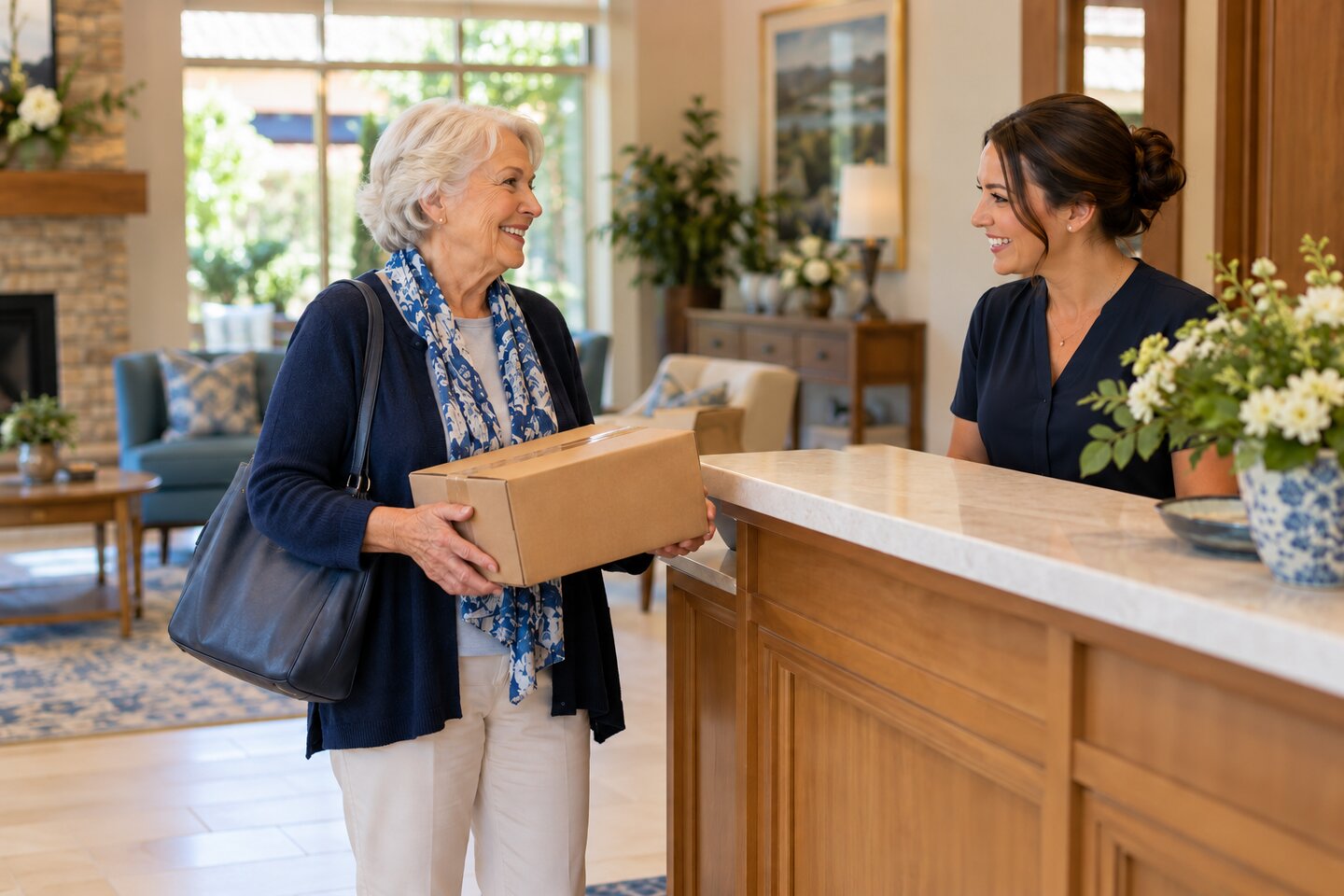 Editorial illustration of an older resident receiving an ordinary parcel at a community reception desk.