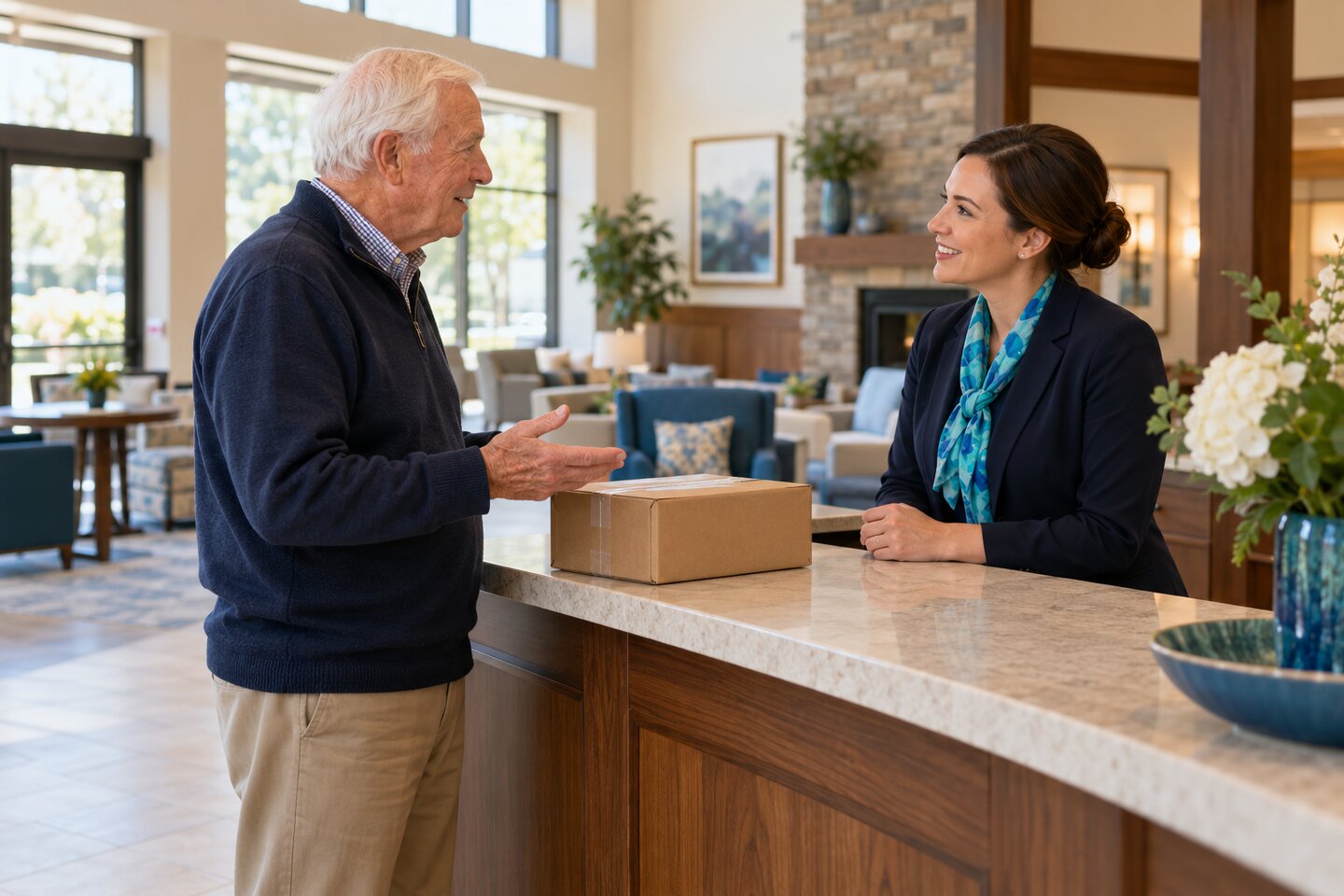 Editorial illustration of a staff member listening to a resident describe package pickup preferences.