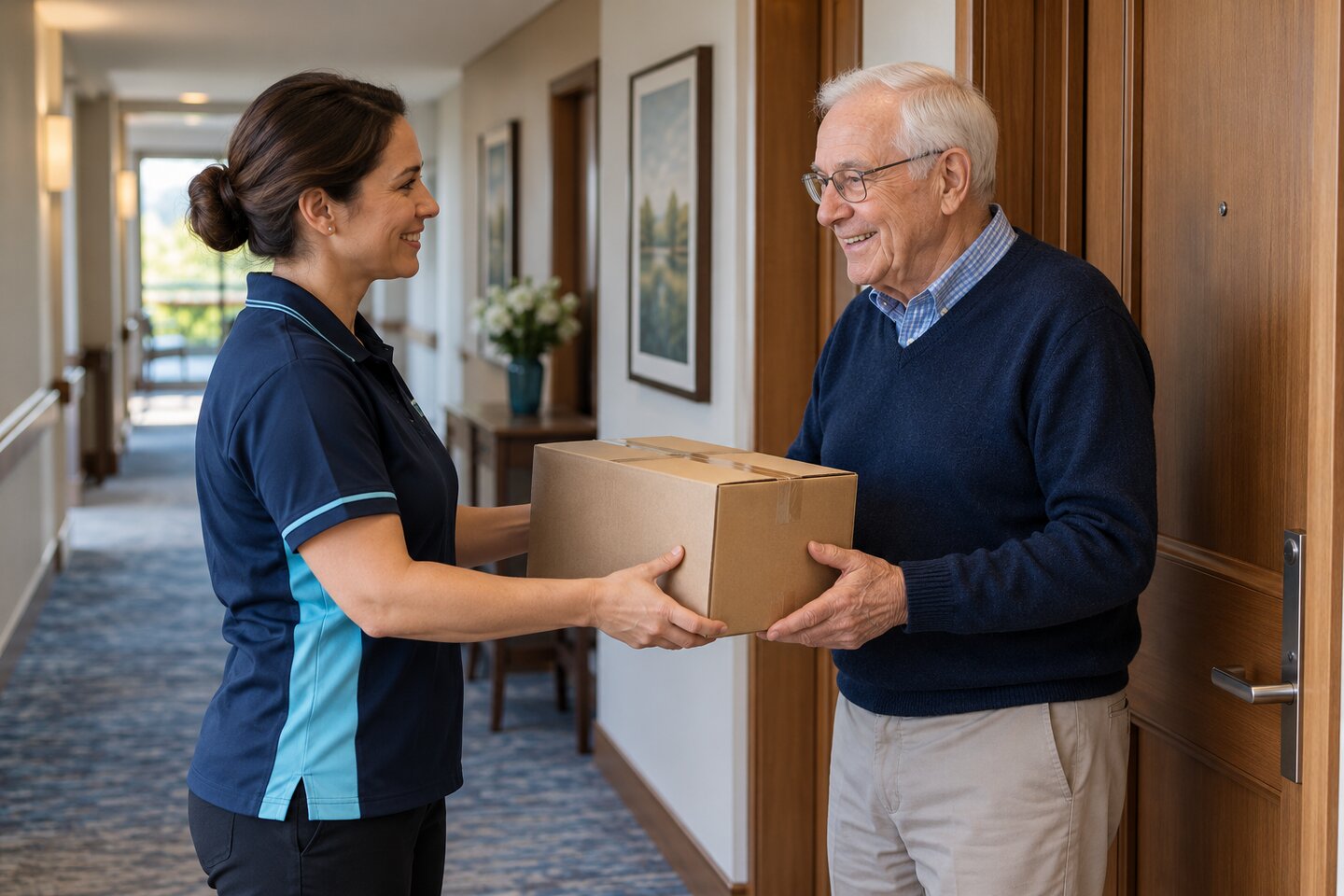 Editorial illustration of a staff member handing an ordinary parcel to a resident at an apartment doorway.