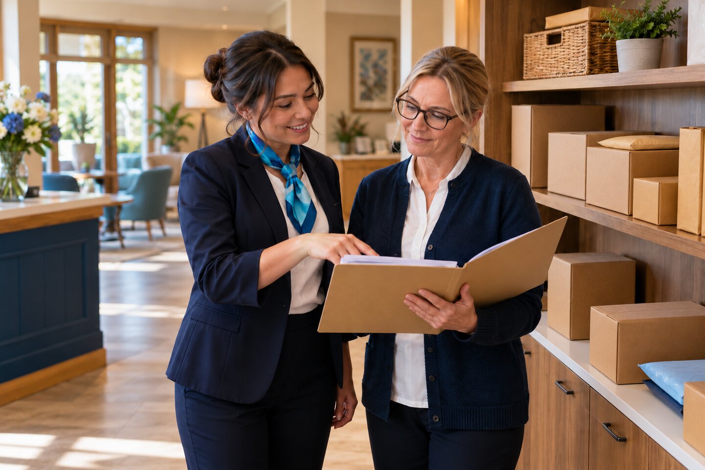 Editorial illustration of reception staff reviewing a folder beside organized parcel shelves.