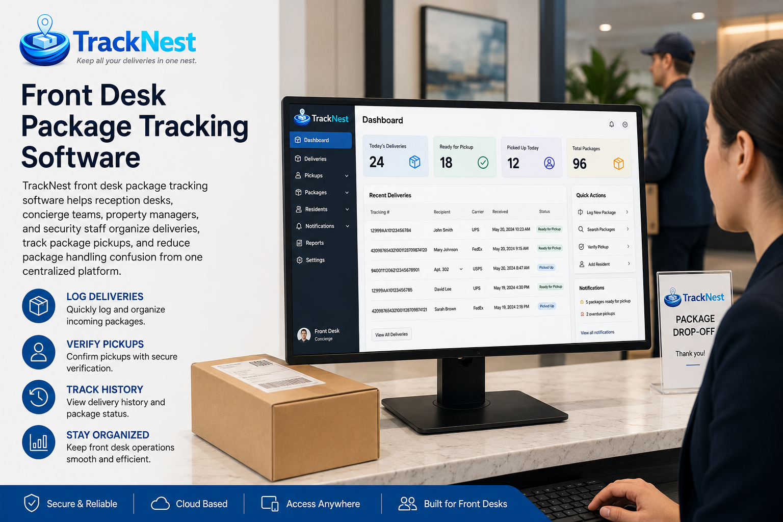 Front desk package tracking software dashboard for TrackNest