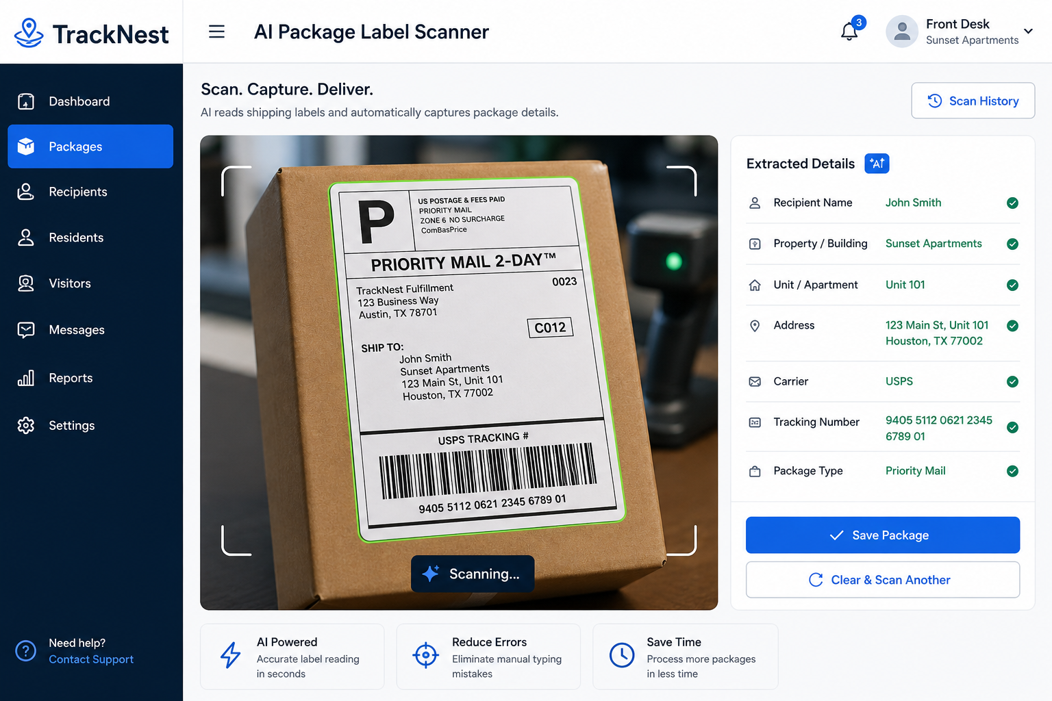 TrackNest’s AI package label scanner helps front desks, mailrooms, and property managers capture package details from shipping labels faster, reduce manual typing, and maintain accurate delivery records from one centralized platform. How the AI Package Label Scanner Works The TrackNest AI package label scanner reads shipping label information and automatically captures important package details. This helps front desks and mailrooms process deliveries faster while reducing package logging mistakes. Staff can quickly scan labels, verify recipients, and maintain organized package records from one system. Benefits of AI Package Label Scanning Reduce manual package entry Improve package tracking accuracy Speed up front desk package processing Keep centralized delivery records Help property managers organize incoming deliveries Reduce lost package confusion