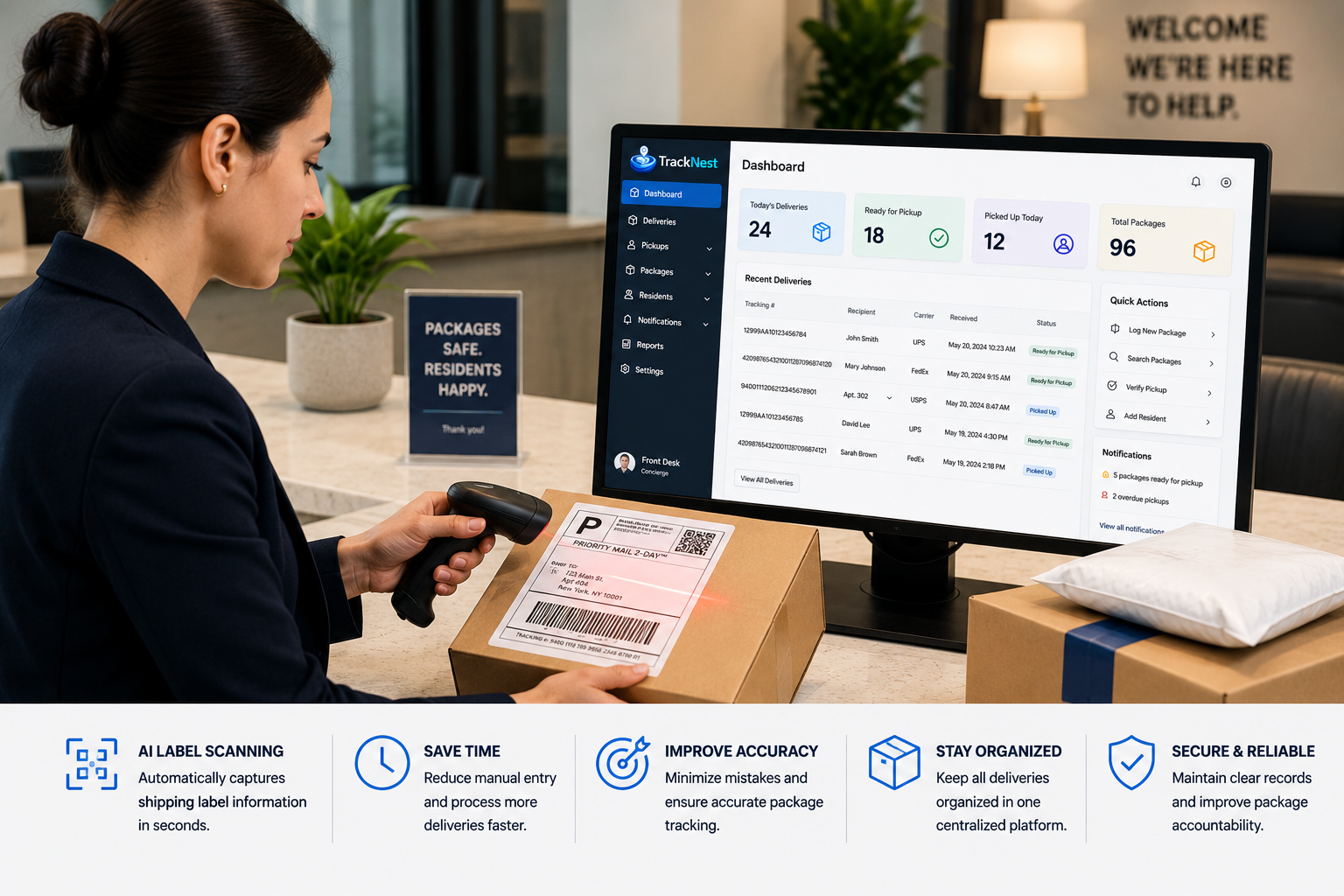 AI package label scanning for front desk package management