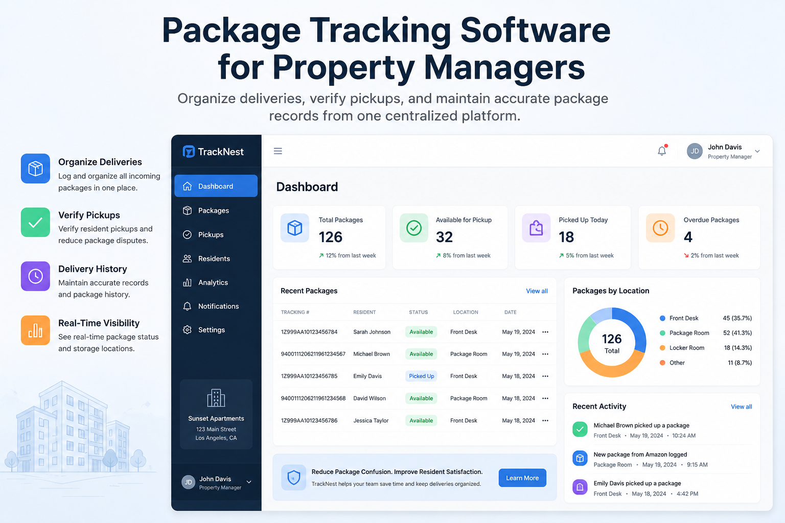 Package tracking software for property managers dashboard in TrackNest
